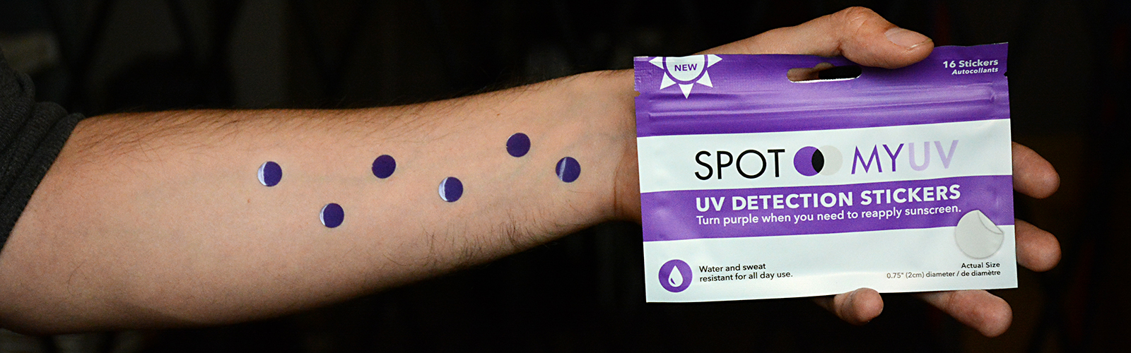 Suncayr’s adhesive spot changes from purple to clear to indicate when skin is adequately protected by sunscreen.