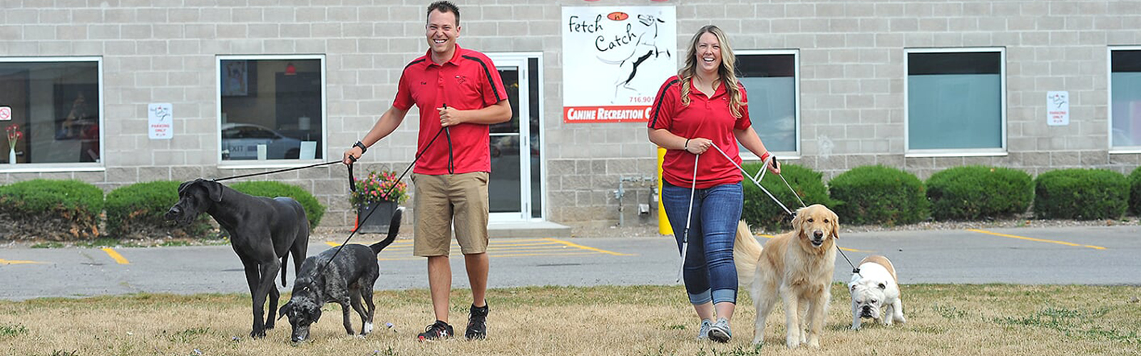 Entrepreneurial cousins Dan and Mallory Poirier walk a foursome of clients in front of their dog daycare, Fetch n’ Catch, 6517 Transit Rd., Bowmansville.