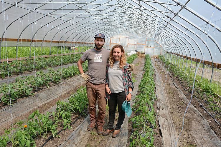 Groundwork Market Garden owners Anders Gunnersen and Mayda Pozantides stand in their greenhouse of freshly planted tomato plants. 
