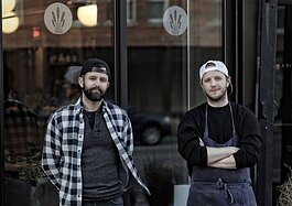 Willmott, left, and Dimmer in front of Marble + Rye, on Genesee St. in downtown Buffalo.
