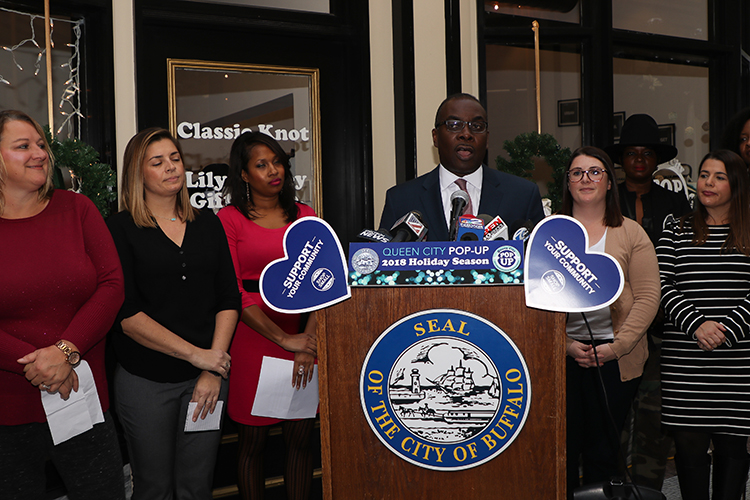 Buffalo Mayor Byron Brown speaks about the success of the Queen City Pop Up program at the Market Arcade in Buffalo's Theatre District. 