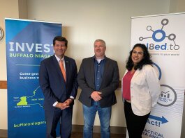 Rel8ed.to founder Bob Lytle with Erie County Executive Mark Poloncarz and Lorrie Abounader, business development manager for Invest Buffalo Niagara.