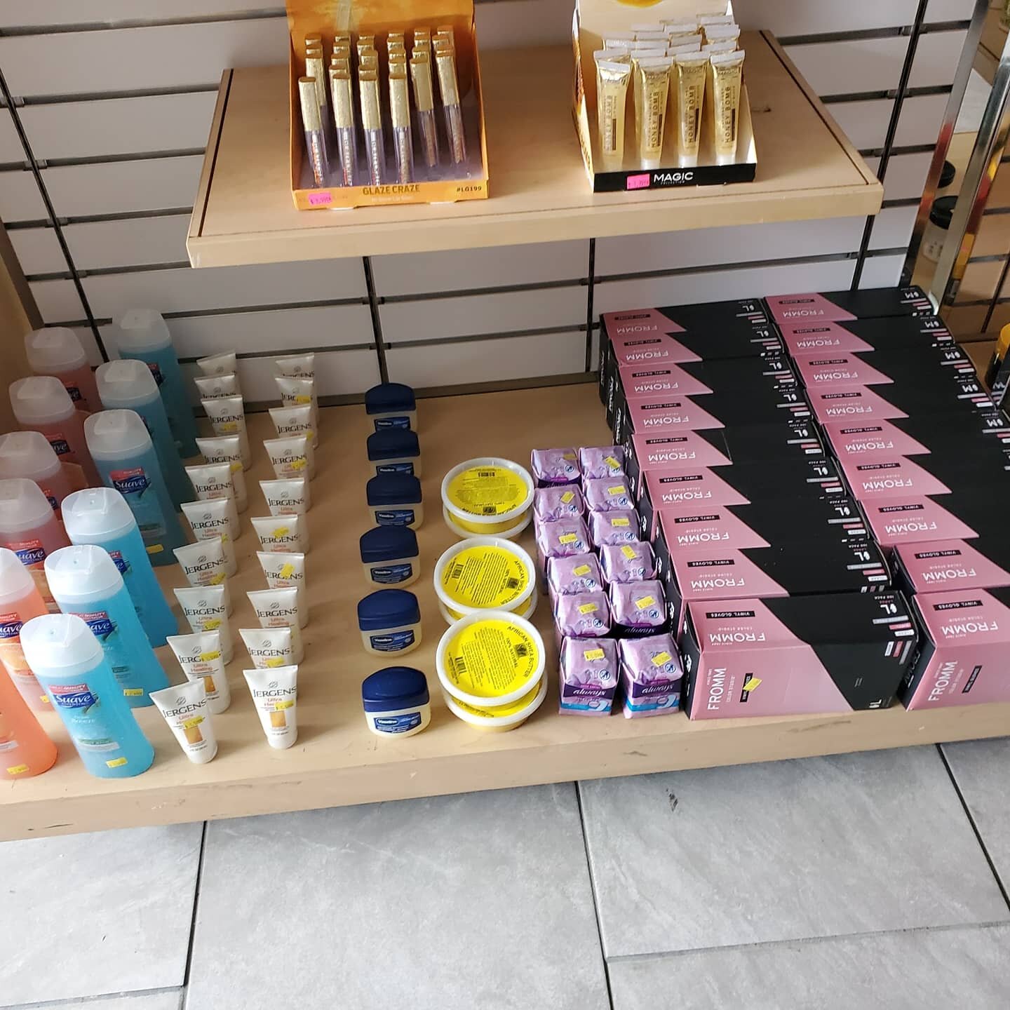 Essential products on the shelf at the Hair Hive.