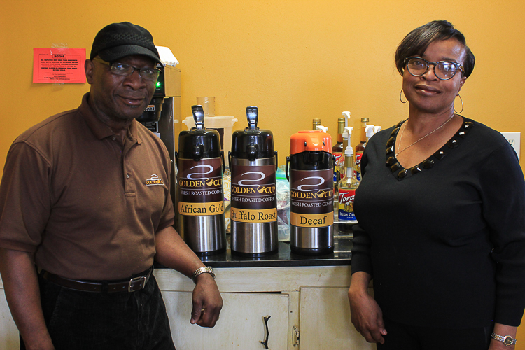 Larry Stitts and his wife Jacqueline Stover-Stitts at Golden Cup Coffee on Jefferson Avenue in Buffalo, N.Y.