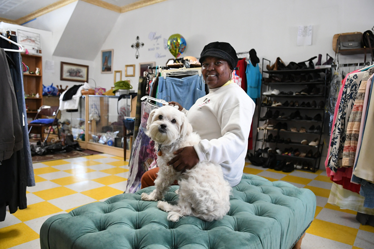 Miss Leslie and shop pup Billy