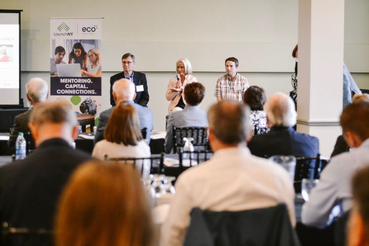 Panelists Jack McGowan, Lindsay Karas Stencel, and Dan Magnuszewski address attendees at the Invest Local 101: The Fundamentals of Angel Investing workshop.