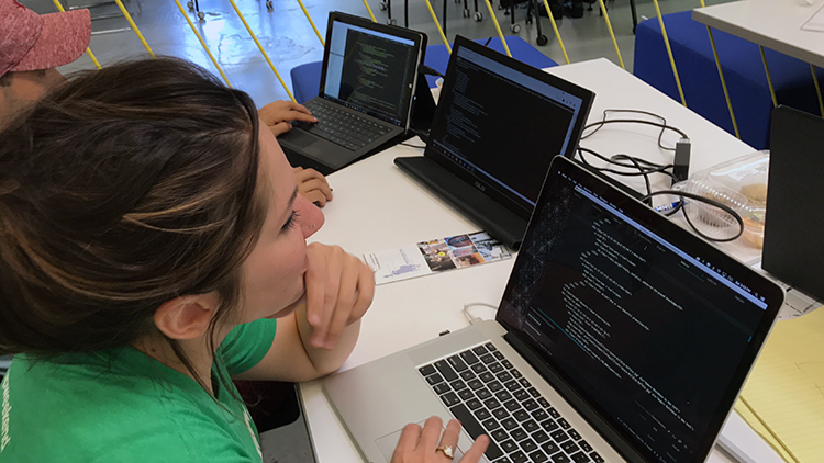 Lizzi Slivinski and Kai Burnett work on coding for the website.