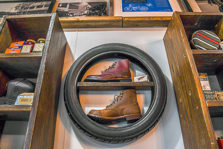 Spoke & Dagger is filled with many repurposed items, like this tire shelf. 