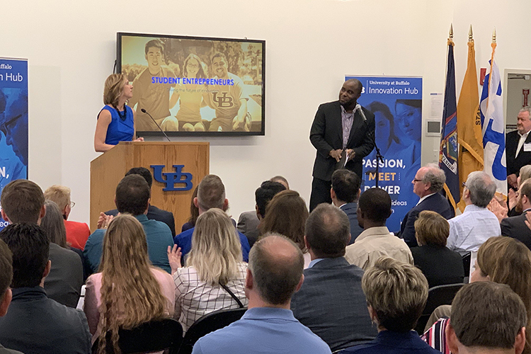 Christina Orsi, UB associate vice president for economic development, with Ogechi Ogok, a Ph.D. candidate in the Department of Chemical and Biological Engineering at UB, at the launch of UB’s new Innovation Hub.